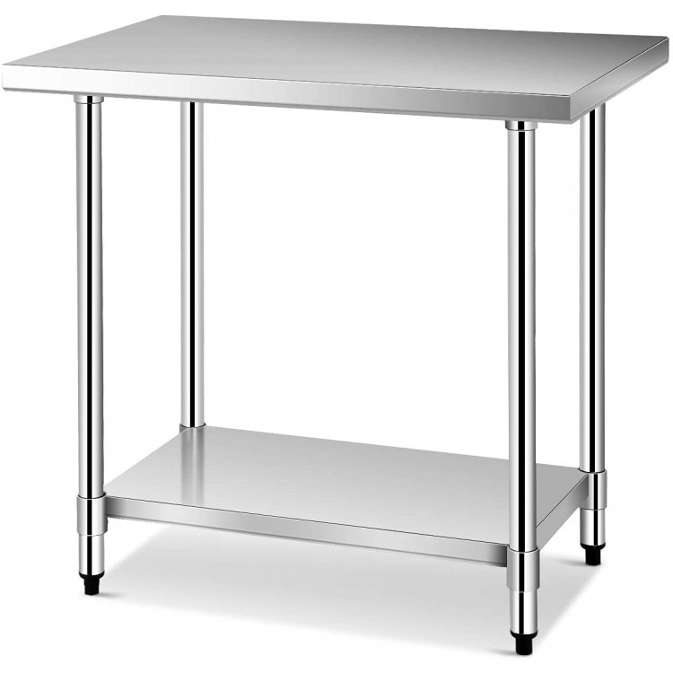 Stainless steel food prep table, 24 x 36 inches, featuring a sturdy frame with skid-proof adjustable legs for stability.