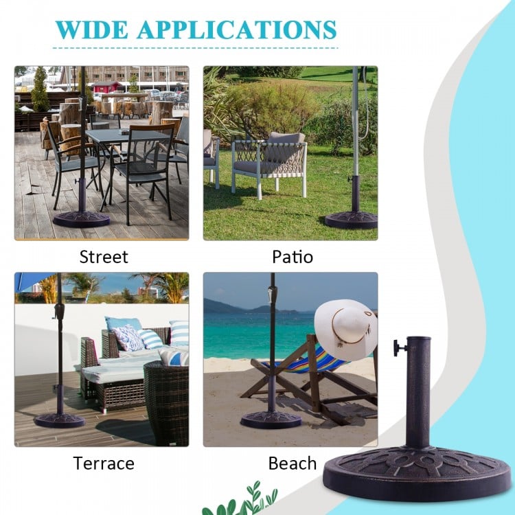 Heavy-duty 30lbs umbrella base with decorative bronze finish, suitable for patio, beach, and terrace use.