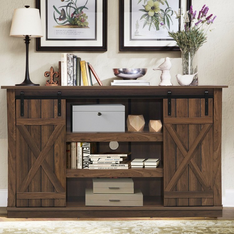 Brown sliding barn TV stand console table with rustic doors, accommodating TVs up to 60", perfect for versatile storage.