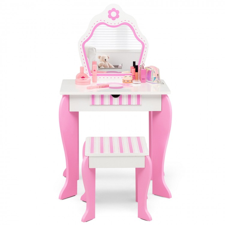 Toddler vanity set with detachable mirror, pink accents, and practical drawer for cosmetics, perfect for children's.