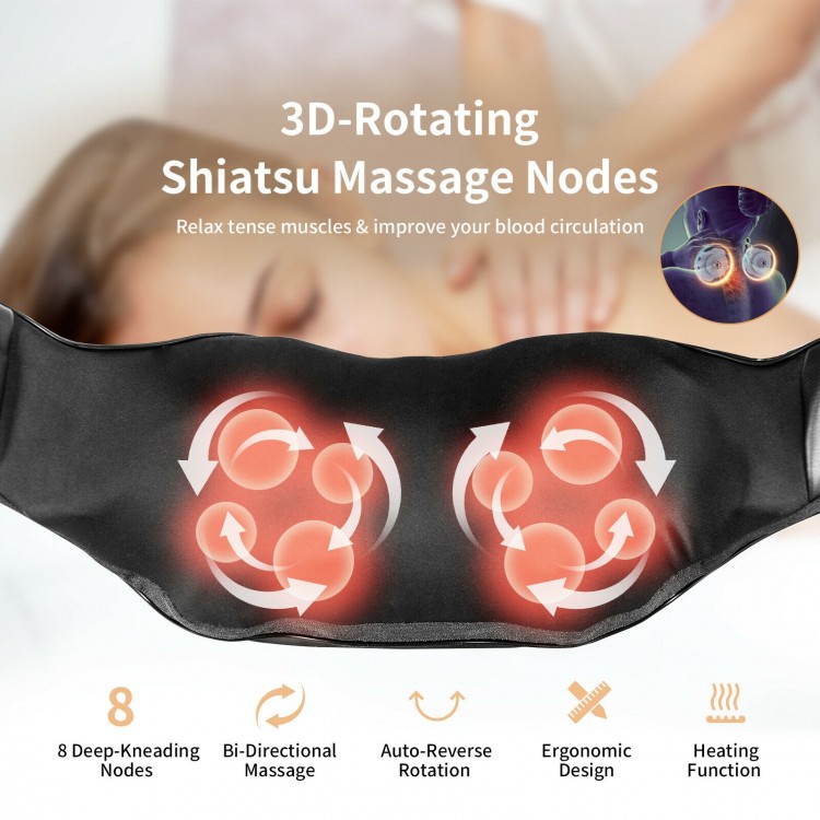 U-shaped shiatsu neck massager with 8 deep-kneading nodes, heating function, and ergonomic design for full-body.