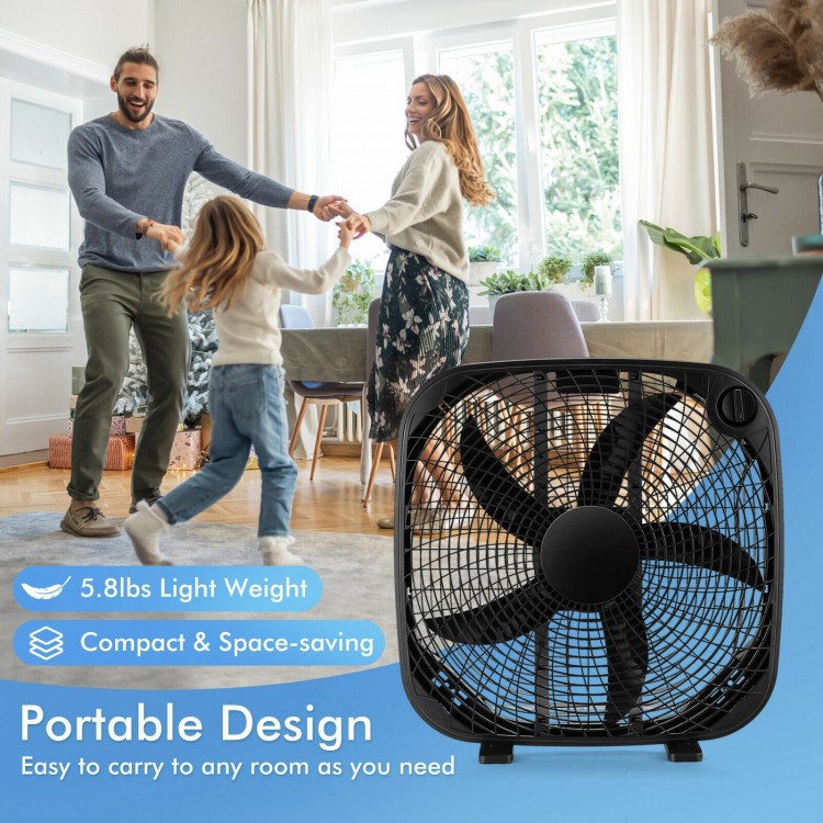 20-inch black box fan with 3 speed settings, lightweight design, and portable handle for easy movement in any room.