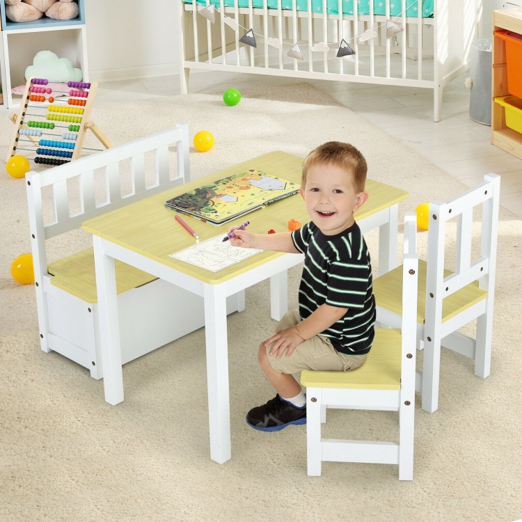 Kids wooden activity table and chairs set with storage bench, perfect for painting and playing in a safe environment.