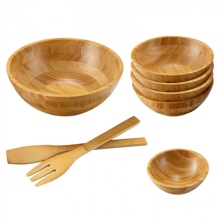 8-piece bamboo salad bowl set with serving utensils, featuring natural grain, ideal for salads and snacks.