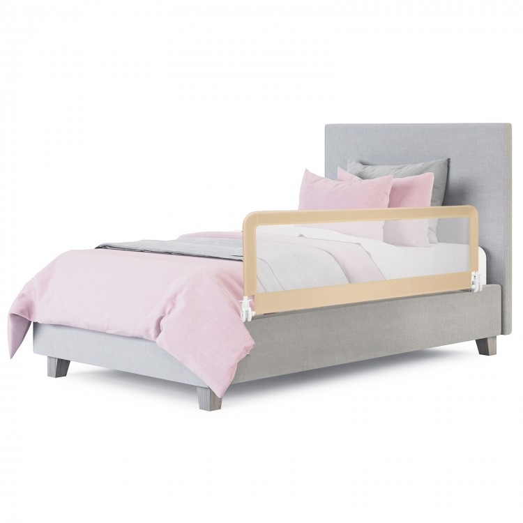 Extra long 59-inch beige bed rail guard for toddlers, featuring breathable mesh and all-steel construction for safety.