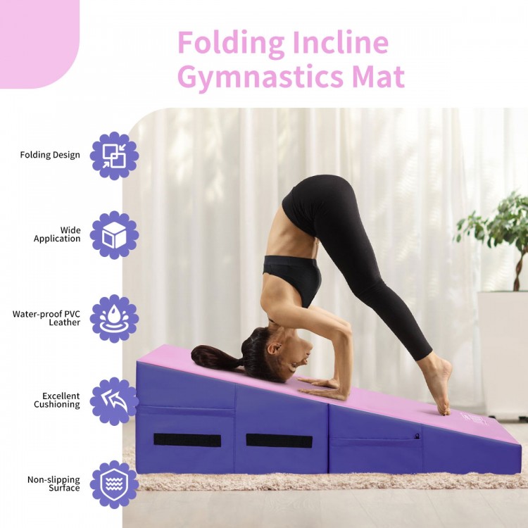Folding incline gymnastics mat in purple with handles, made of durable PVC and EPE foam for comfortable workouts.