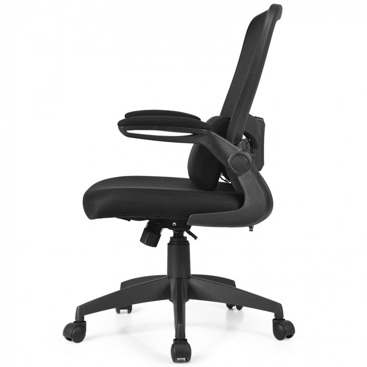 Ergonomic desk chair with lumbar support, cushioned seat, and flip-up armrests in black for office or home use.