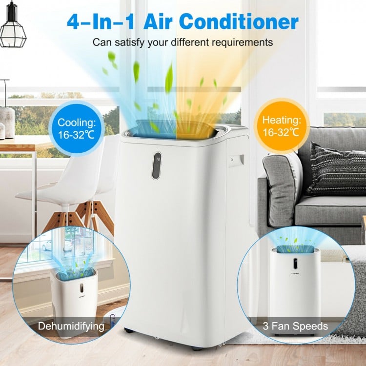Portable 12000 BTU air conditioner in white with cooling, heating, and dehumidifying modes for year-round comfort.