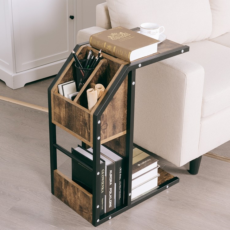 C-shape industrial snack end table with storage compartments, made of particle board and metal, ideal for living room.