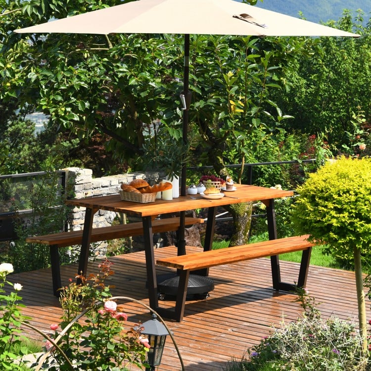 70-inch dining table set made of acacia wood with a sturdy metal frame, perfect for outdoor use in gardens or backyards.