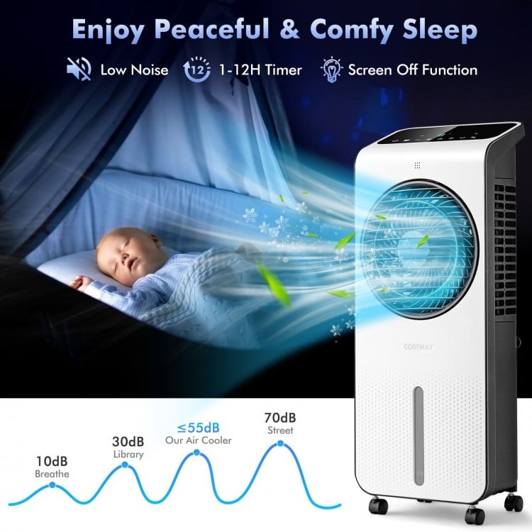 3-in-1 evaporative air cooler in white with 360° rotating blades, 12H timer, and low noise for peaceful sleep.