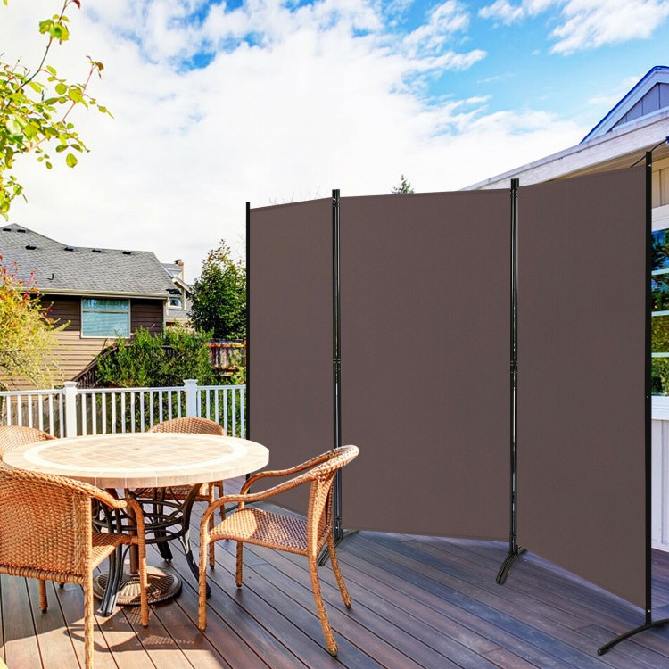 3-panel folding privacy partition screen in brown, made of polyester fabric and steel, ideal for home or office use.
