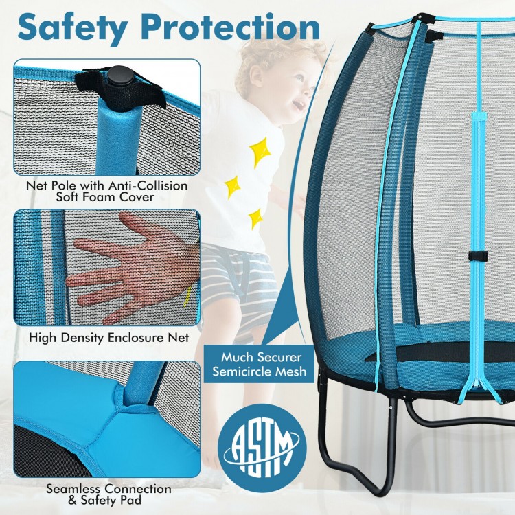 4 feet kids trampoline with blue enclosure net, featuring soft foam padded poles and safety bungee cord cover for.