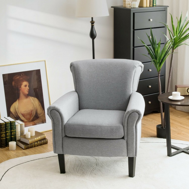 Light gray upholstered accent chair with rubber wood legs and adjustable foot pads, perfect for living room or office.
