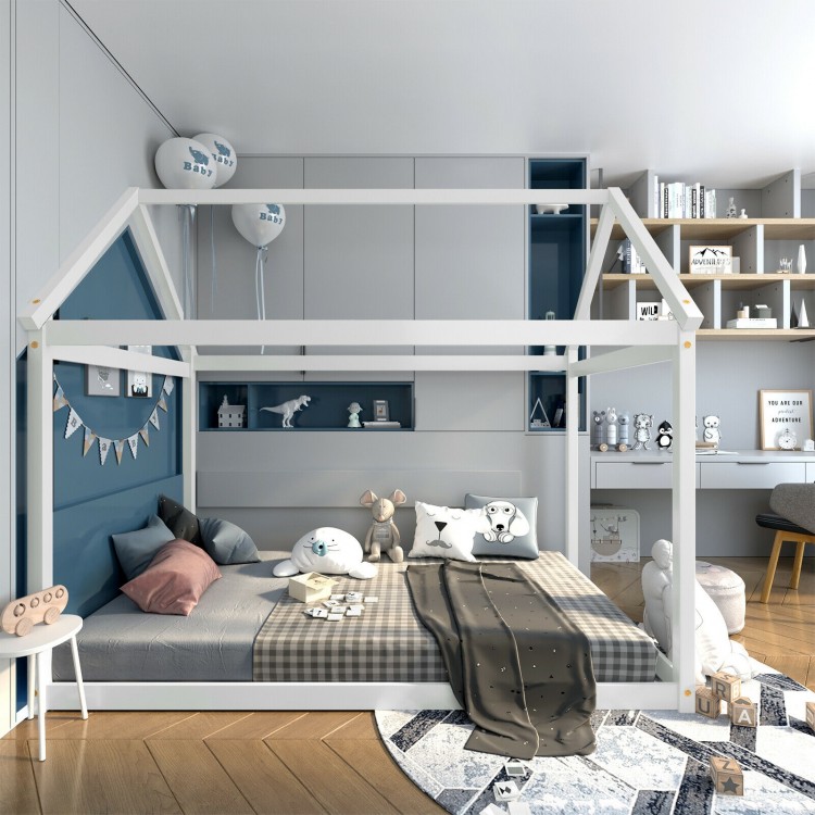 Stable kids platform floor bed with roof in white, featuring a sturdy wooden frame and thick slats for durability.