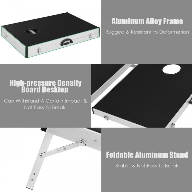 Foldable cornhole set featuring a sturdy aluminum alloy frame and high-density board, ideal for outdoor and indoor fun.
