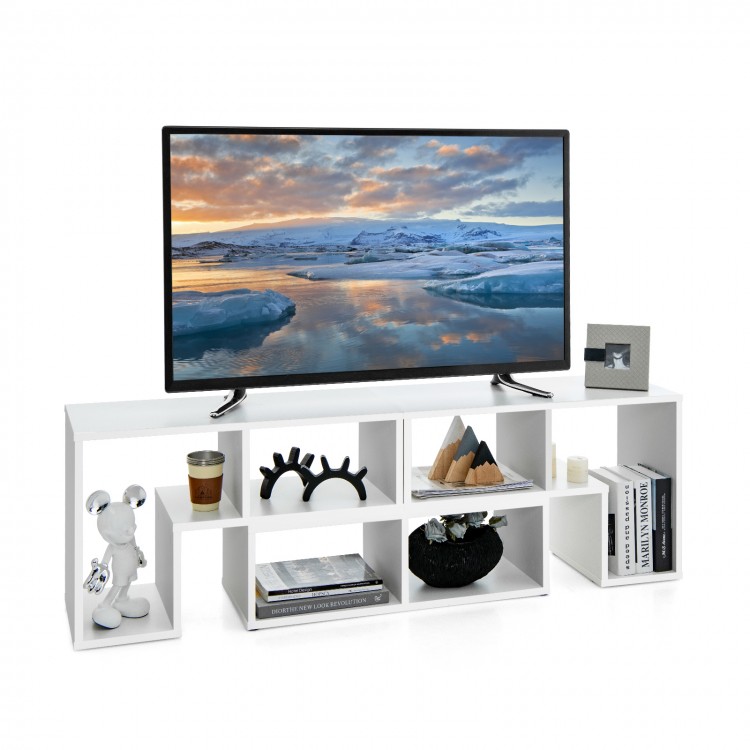 Adjustable white TV stand with spacious shelves, designed for TVs up to 65 inches, perfect for living room or bedroom.