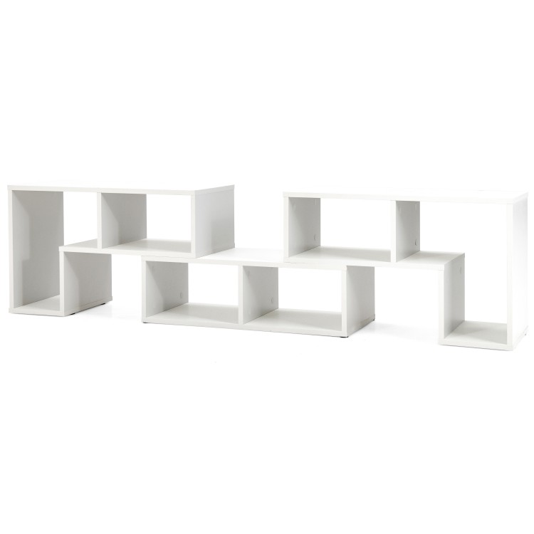 Adjustable white TV stand with 3 pieces, featuring 6 open compartments for TVs up to 65 inches, perfect for modern.