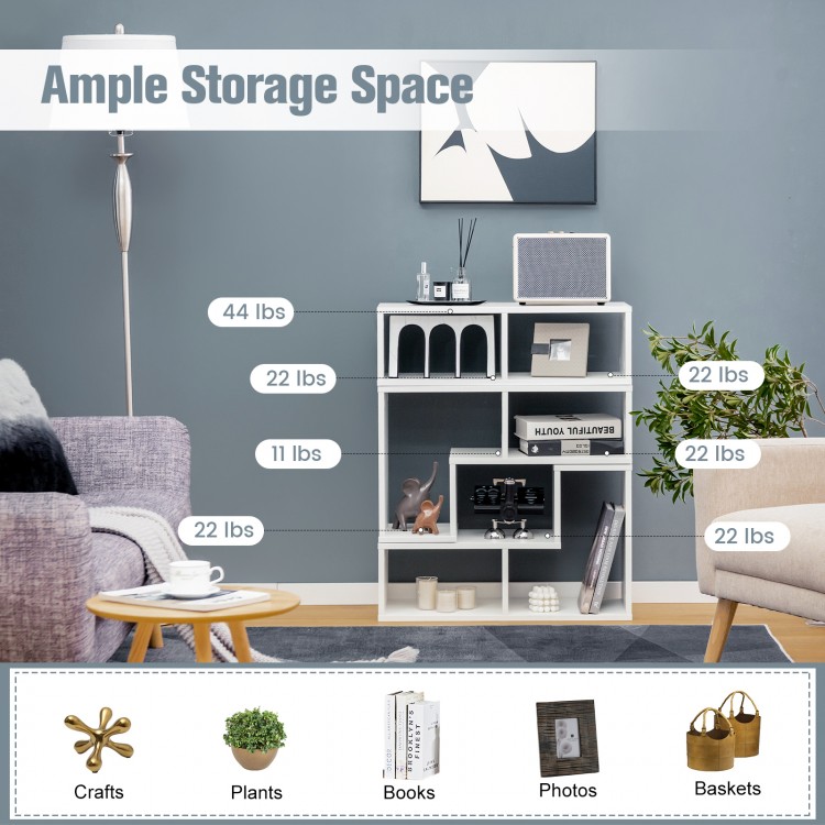 Adjustable white TV stand with 6 open compartments, suitable for TVs up to 65 inches, ideal for living room storage.