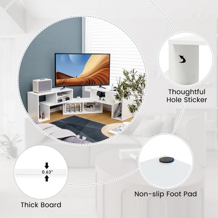 Adjustable white TV stand with two L-shaped shelves, suitable for TVs up to 65 inches, featuring spacious storage.