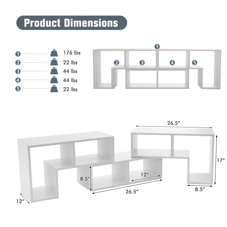 Adjustable white TV stand dimensions showcasing 2 L-shaped and 1 rectangular shelf for TVs up to 65 inches.