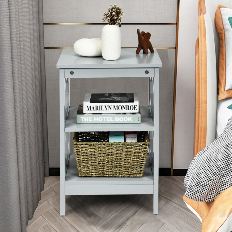 Gray 3-tier nightstand with open compartments, perfect for storage in living room or bedroom decor.