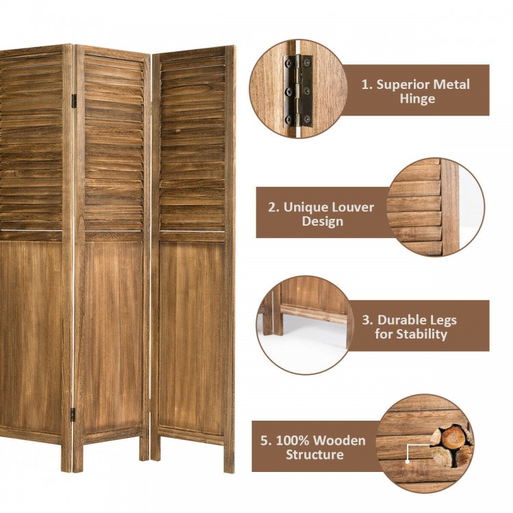 4-panel folding privacy room divider in natural wood with classic shutter design, perfect for home or office privacy.