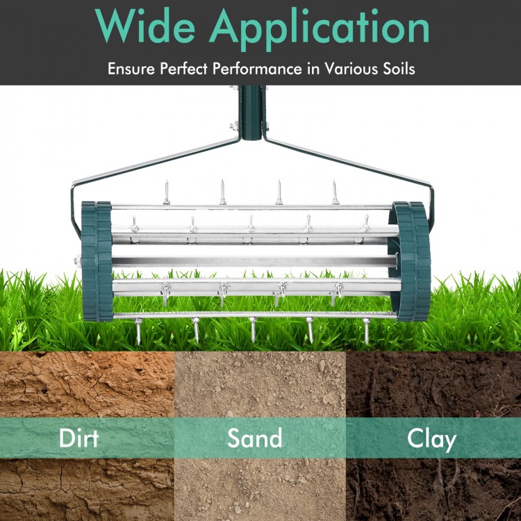 18-inch rolling lawn aerator with tine spikes, designed for efficient aeration in dirt, sand, and clay soils.
