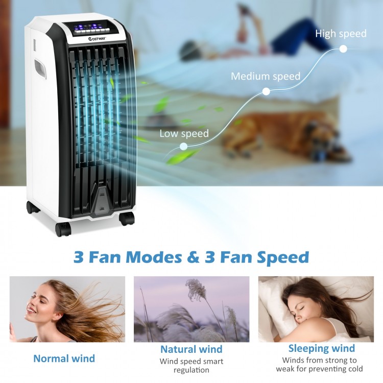 Portable evaporative air cooler with 3 fan modes, LED control panel, and ice crystal boxes for efficient cooling.