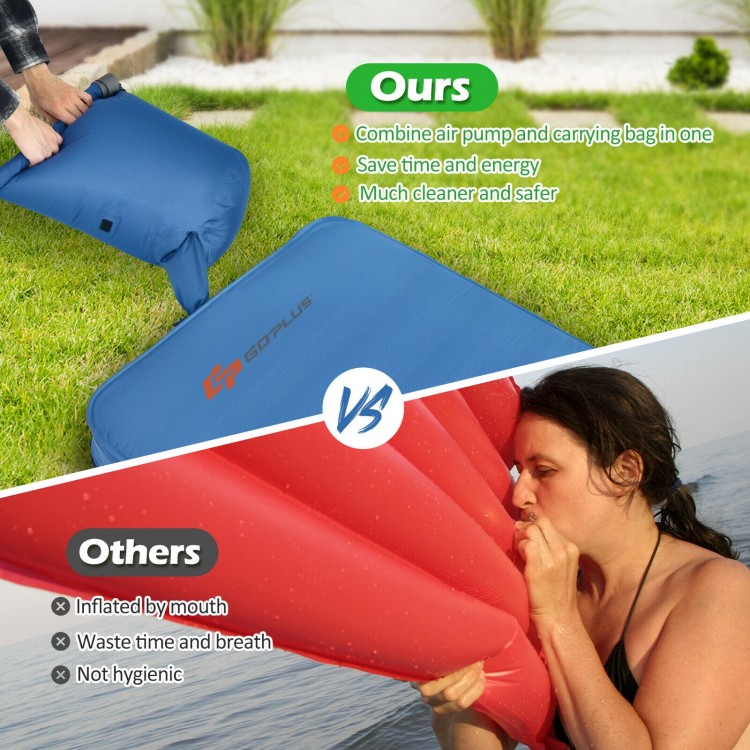 Self-inflating blue camping sleeping mattress with carrying bag, featuring waterproof TPU material for outdoor use.