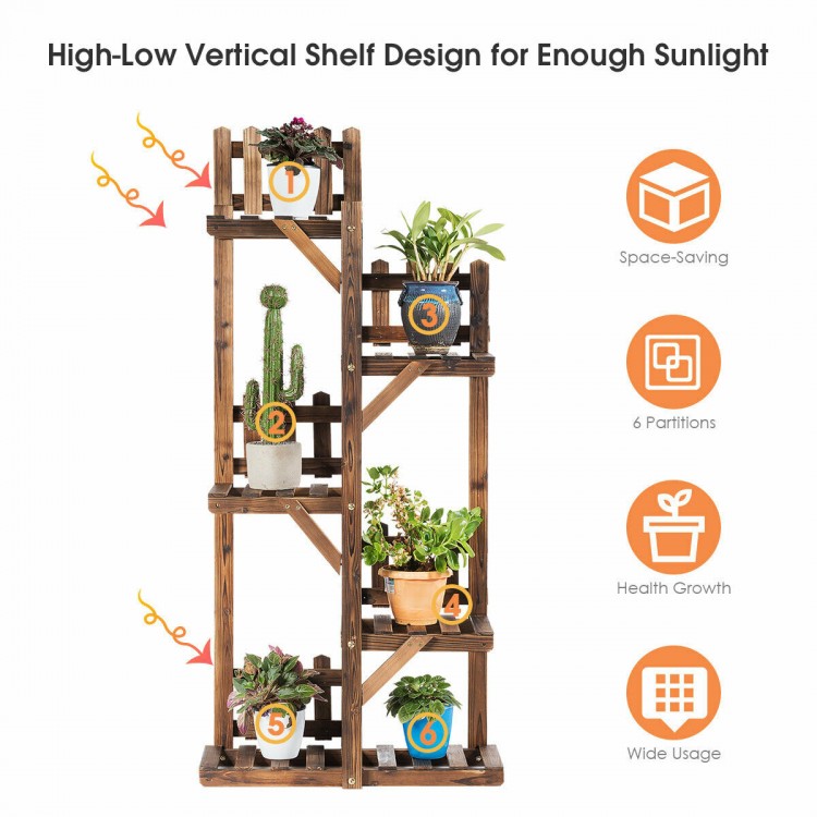 5-tier wood plant stand with 6 pots, featuring a triangular structure for stability and a hollow design for plant.