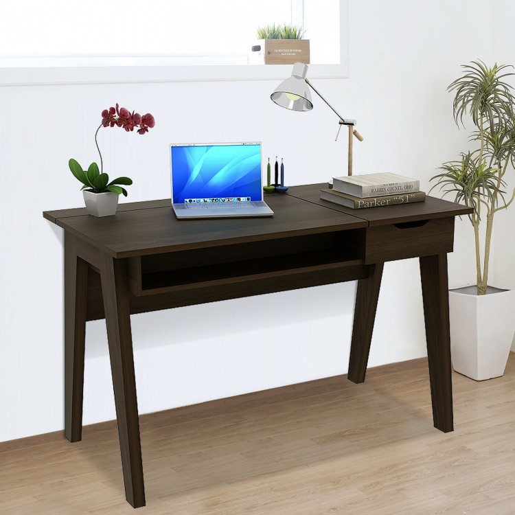 Dressing table with flip mirror and storage drawer, showcasing a top view of the functional design and ample workspace.