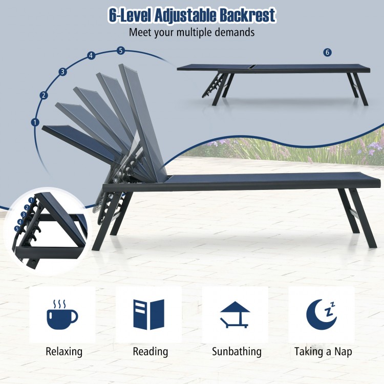 3-piece patio chaise lounge chair set with 6-level adjustable backrest, navy color, perfect for poolside relaxation.
