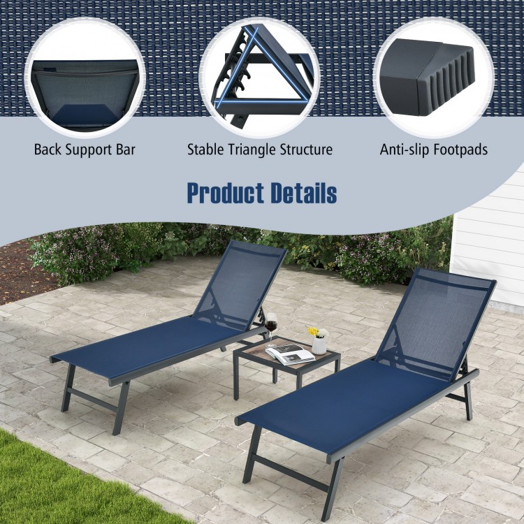 Navy chaise lounge chair showcasing a breathable seat fabric and anti-slip footpads, ideal for comfortable outdoor use.