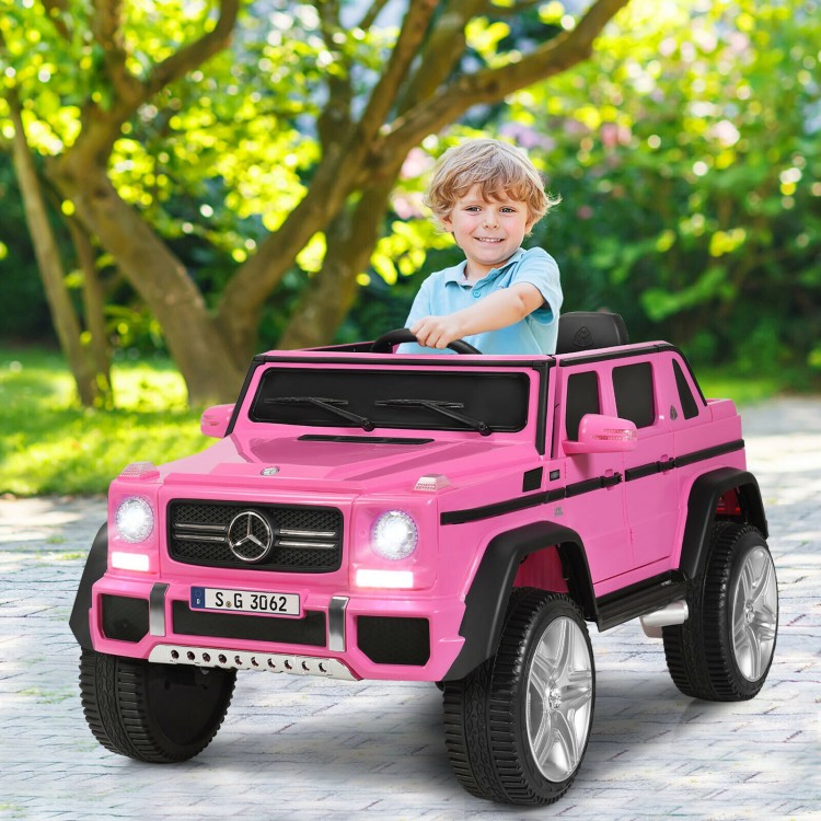 Pink licensed Mercedes-Benz kids ride-on car with parental control, LED lights, and spring suspension for smooth.