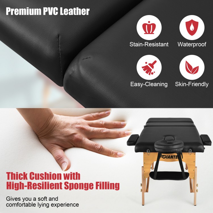 Portable adjustable massage table in black with PVC leather, thick cushion, and sturdy beech frame for therapists.