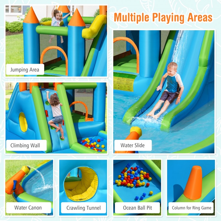 Inflatable water slide with bounce house, climbing wall, and splash pool for kids, perfect for outdoor fun.