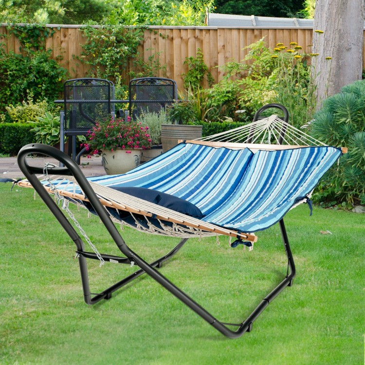 Heavy-duty steel hammock frame with adjustable chains, perfect for outdoor patios and gardens.