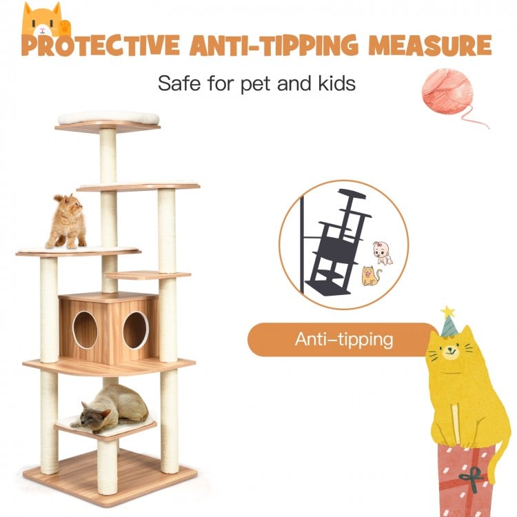 7-layer wooden cat tree with sisal posts, featuring a condo and removable mats for easy cleaning and cat activity.