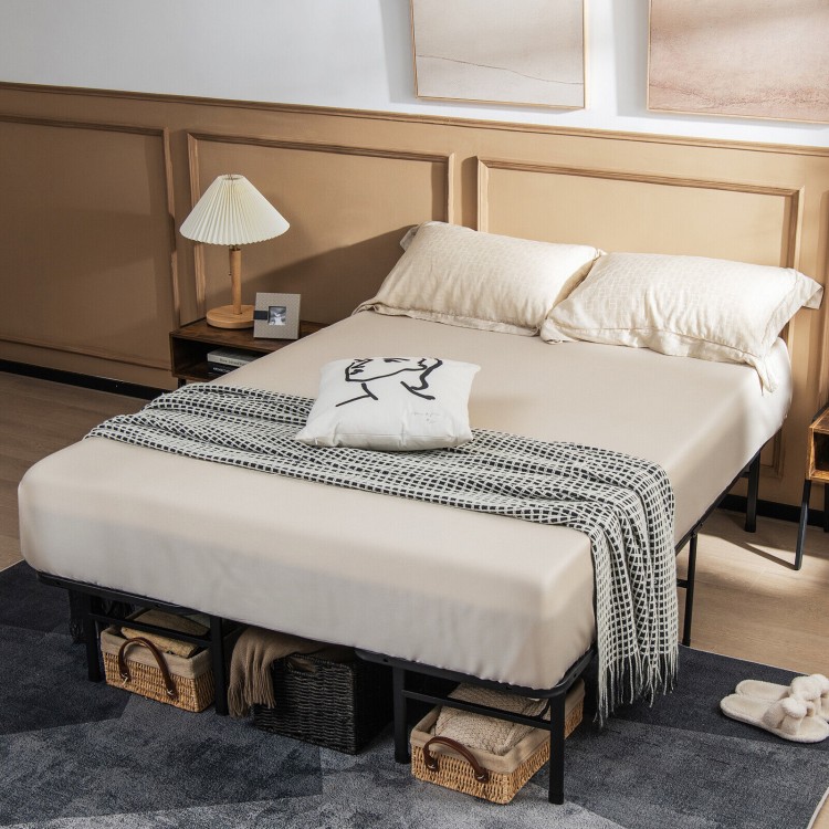 Full size folding steel platform bed frame with beige bedding, featuring under-bed storage and a modern design for.