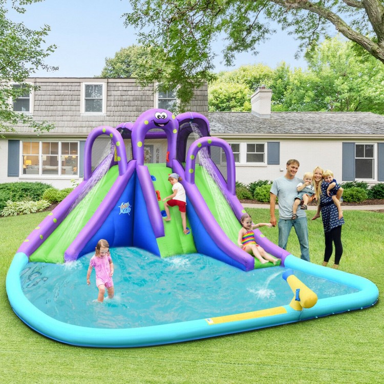 Colorful inflatable water park with a tall slide and pool, perfect for summer fun in the backyard for kids.