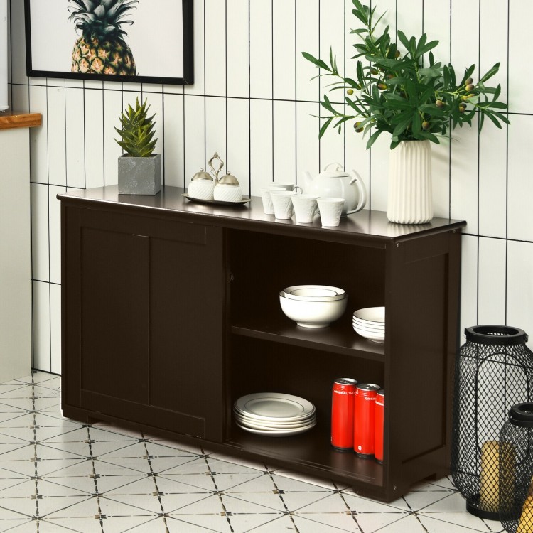 Kitchen storage cabinet with wood sliding doors, featuring two shelves and a spacious top for display or storage.