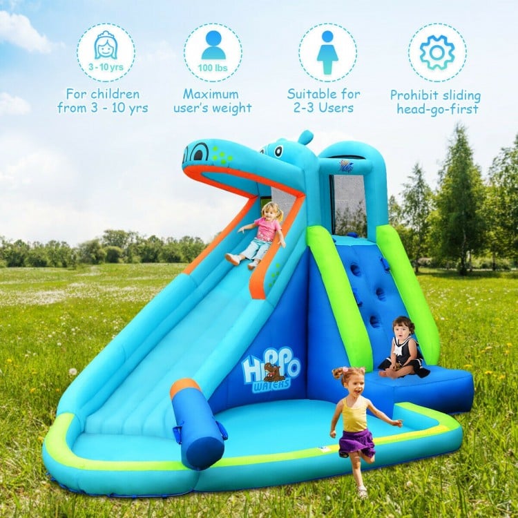 Hippo inflatable water slide bounce house with climbing wall and splash pool, perfect for kids' summer fun.
