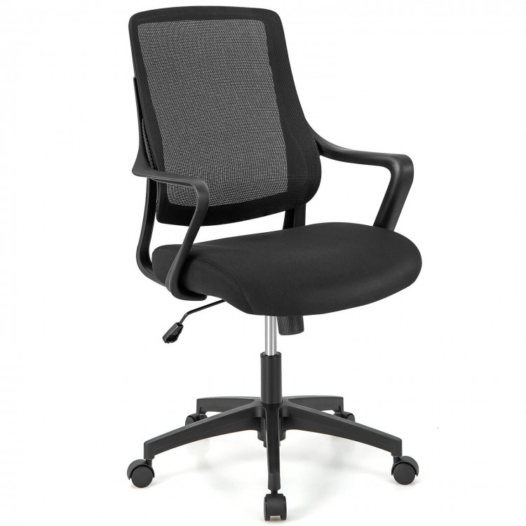 Ergonomic black mesh office chair with curved backrest, adjustable height, and 5-star base for comfort and support.