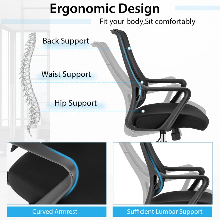 Curved backrest and armrest of the modern breathable mesh chair, designed for ergonomic lumbar support and comfort.