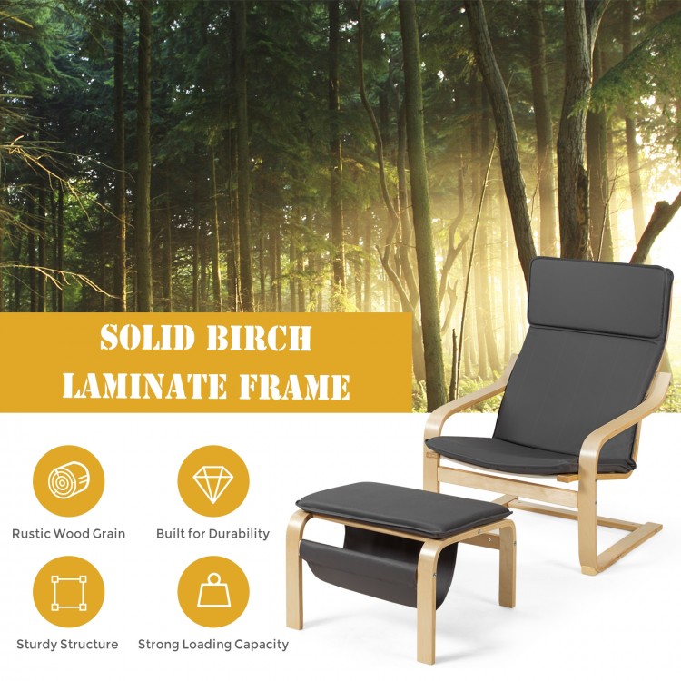 Relax Bentwood Lounge Chair set with gray cushion and natural wood frame, includes ottoman and magazine rack for.