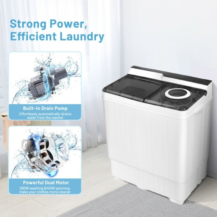 Portable semi-automatic washing machine in gray with built-in drain pump and clear lid for easy laundry monitoring.