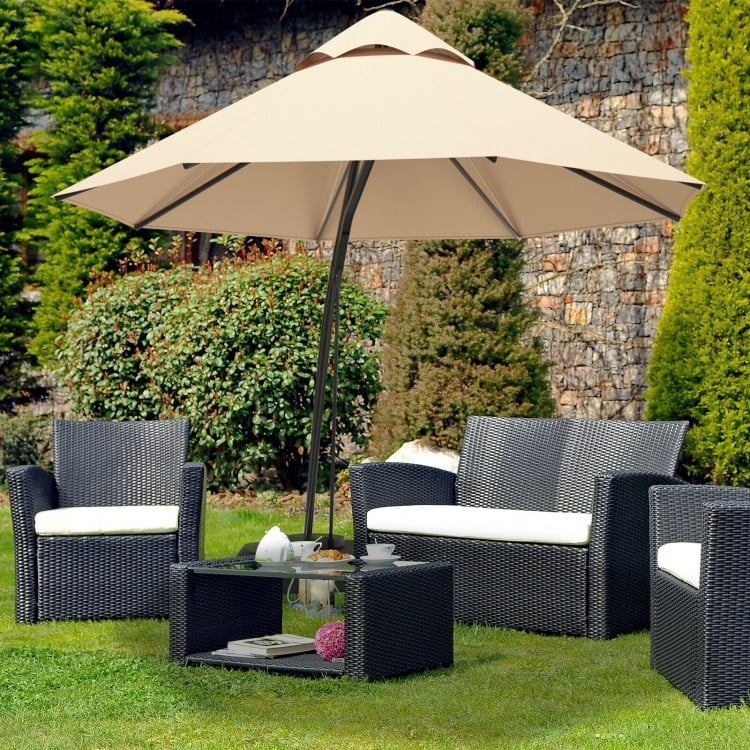 Beige 11 feet outdoor cantilever hanging umbrella with powder-coated aluminum frame and wheels, perfect for garden.