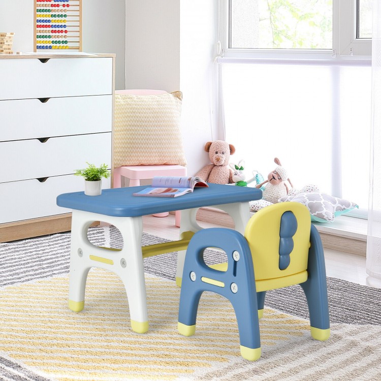 Kids activity table and chair set in blue with ergonomic design, perfect for preschool fun and learning.