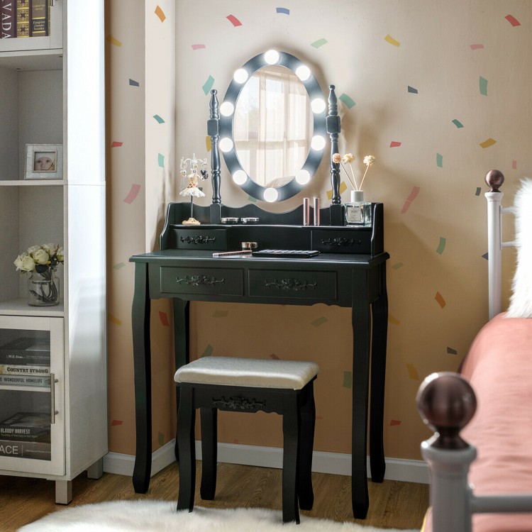 Black makeup dressing table with lighted mirror, cushioned stool, and 4 drawers for organized storage in a stylish.